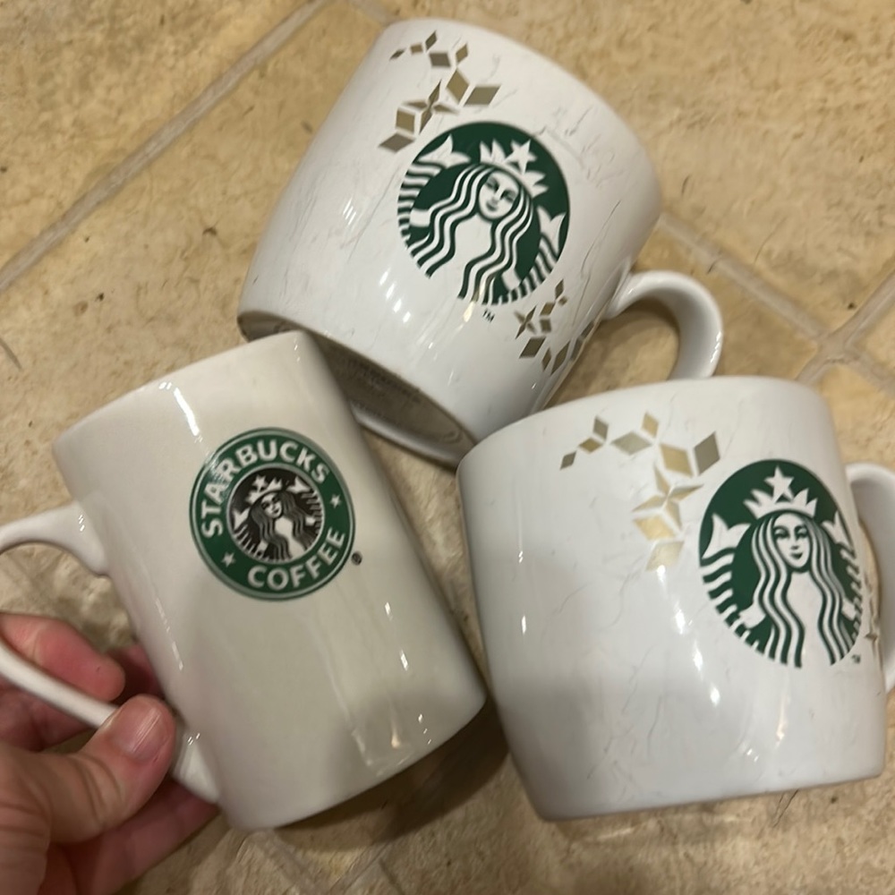 Set of three Starbucks logo mugs 2008 and 2013 with Starbucks siren mermaid